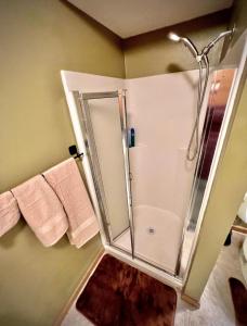 a bathroom with a shower with a glass door at Private level of the house with SPA in Gresham