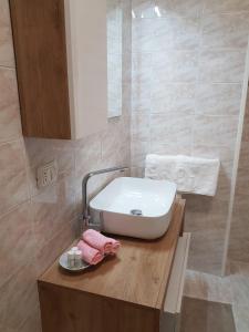 uma casa de banho com um lavatório e um balcão com um lavatório em acasadimamma em Monterotondo