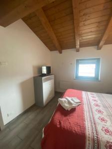 um quarto com uma cama com um cobertor vermelho em Apartments Il Delfino em Aosta