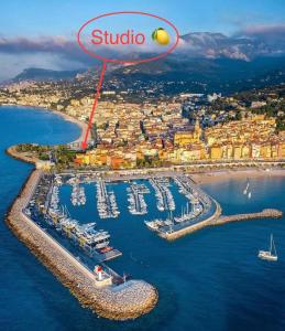 Una vista aérea de un puerto con barcos en el agua. en Studio Perle de Menton, en Menton