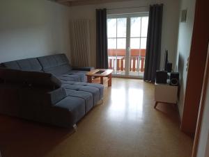 sala de estar con sofá azul y TV en Lehmannshof Ferienwohnungen, en Zell am Harmersbach