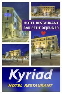 four pictures of a hotel with a hotel restaurant and a hotel restaurant bar at KYRIAD ORANGE Centre Ville - HOTEL & RESTAURANT & BAR - La Galerie d'Art des Princes - Provence Alpes Côte d'Azur - France - Proche A7-A9 - exit21- Châteauneuf-du-Pape Avignon Bollene Nimes - 24h-24h in Orange