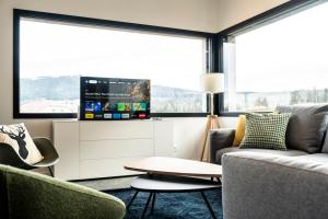 a living room with a couch and a tv at Les Terrasses du Noirmont 1 in Les Rousses