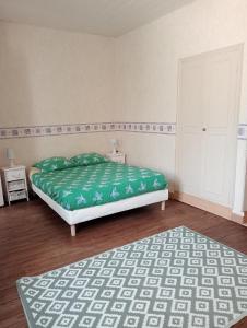 ein Schlafzimmer mit einem Bett mit einer grünen Decke in der Unterkunft Maison EL Marielle in Vierzon