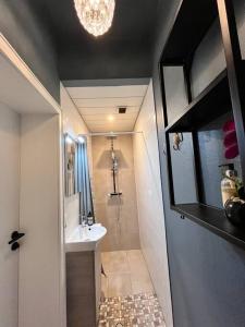 La petite salle de bains est pourvue d'un lavabo et d'une douche. dans l'établissement Zentrale Stadtwohnung, Bahnhofsnähe, OG-Krankenhaus, OG-Messe, EuropaPark, à Offenbourg