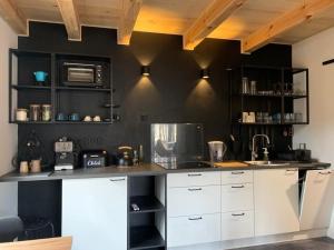a kitchen with white cabinets and a black wall at Zielone Drzwi in Życiny