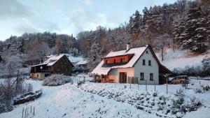 een paar huizen in een met sneeuw bedekt veld bij U Studánky in Koberovy