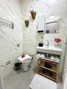 y baño con aseo, lavabo y espejo. en Apartamento Copa Home HIR 3, en Río de Janeiro
