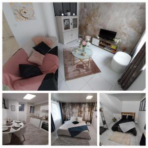 a collage of four pictures of a living room at PRIMO - Logement 4/6 personnes in Braux
