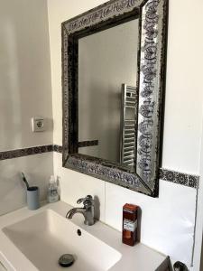 łazienka z umywalką i lustrem na ścianie w obiekcie Le Petit Nid Urbain w mieście Levallois-Perret