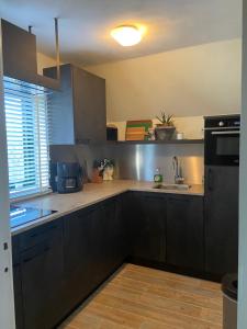 una cocina con armarios negros, fregadero y encimera en Appartement Twins, en Wijk aan Zee