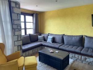 a living room with a couch and a yellow wall at Delphi Gorge-view Chalet, Arachova in Arachova