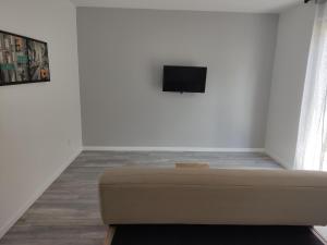 uma sala de estar com um sofá e uma televisão de ecrã plano em Gîte manthes em Manthes
