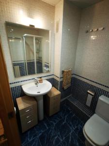 bagno con lavandino, servizi igienici e specchio di Elsi's place a Premiá de Mar