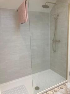 a shower with a glass door in a bathroom at Luxury Country Escape in Ennis