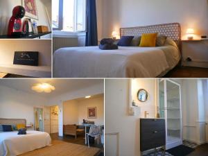 three pictures of a bedroom with a bed and a tv at Les Suites de Bellac in Bellac