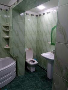 een groene badkamer met een toilet en een wastafel bij Апартаменты in Rustavi