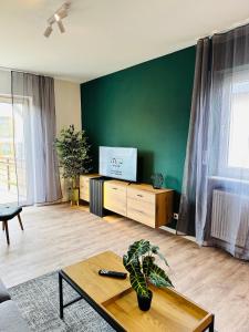 uma sala de estar com uma televisão de ecrã plano numa parede verde em Hauptstadt Mitte em Waigolshausen
