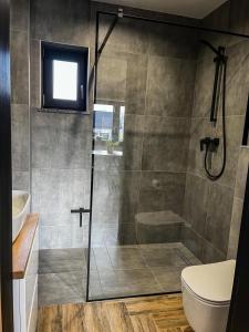 a bathroom with a shower with a glass door at Domki Karkonosze Pod Dębem in Wojcieszyce
