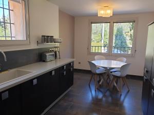 eine Küche mit einem Tisch, Stühlen und einem Waschbecken in der Unterkunft la grande villa in Aix-en-Provence