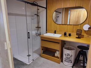 een badkamer met een douche, een wastafel en een spiegel bij Apartamento mirador a las Islas Cíes in Cangas de Morrazo
