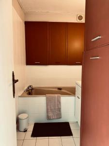 - une cuisine avec un évier et une baignoire dans l'établissement Superbe appartement T3 rénové - Calais nord, à Calais