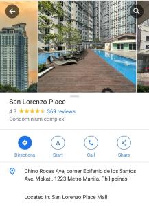 a screenshot of a cell phone with a picture of a pool at San Lorenzo place condo in Manila