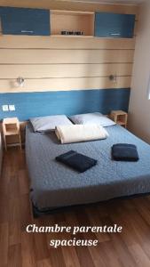 een slaapkamer met een bed met kussens erop bij Mobil Home proche EUROPA PARK/RULANTICA in Boofzheim