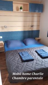 a bedroom with a bed with two pillows on it at Mobil Home proche EUROPA PARK/RULANTICA in Boofzheim