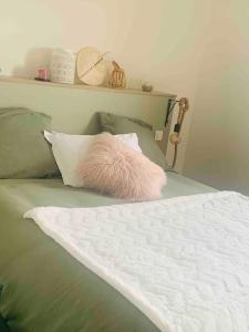 uma almofada rosa sentada em cima de uma cama em Le Rooftop d’Isa em Colombelles
