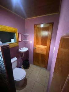 une salle de bains pourpre avec toilettes et lavabo. dans l'établissement Tabaco Lodge #2 a solo 5 minutos de Playa Carrillo, à Carrillo