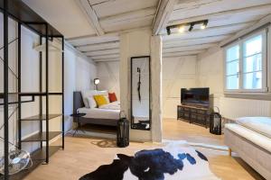 a living room with a couch and a television at COZY SCHWABACH # frisch renoviertes Fachwerk # 100qm # Modern # Balkon # Netflix in Schwabach