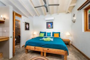 Schlafzimmer mit einem Bett mit blauer Bettwäsche und bunten Kissen in der Unterkunft Casa Calexico in Kralendijk