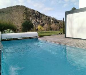 een groot blauw zwembad met een groot scherm bij Le Ponton des Sympetrums in Aurec-sur-Loire