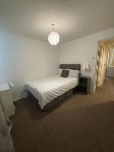 a bedroom with a bed and a chandelier at One bedroom flat and spare bed in Bristol