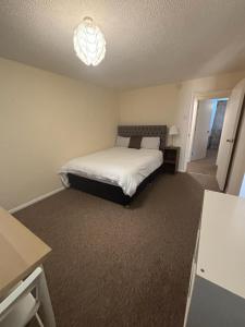 a bedroom with a bed and a chandelier at One bedroom flat and spare bed in Bristol
