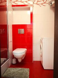 a bathroom with a toilet and a red wall at Квартира на Оболоні in Kyiv