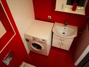 a small bathroom with a washing machine and a sink at Квартира на Оболоні in Kyiv +6 photos