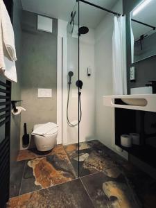 a bathroom with a shower and a toilet and a sink at Hotel Simader in Bad Gastein