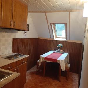 維謝格拉德的住宿－玫瑰小屋旅館，一个带桌子和窗户的小厨房