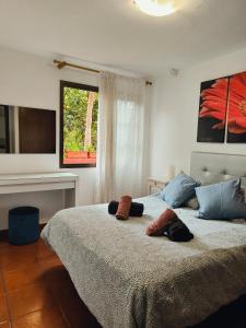 1 dormitorio con 1 cama con 2 zapatillas en La Casa de Las Flores, en Tacoronte