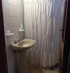 baño con lavabo y cortina de ducha en Departamento con jardín Centro Luján de Cuyo en Luján de Cuyo