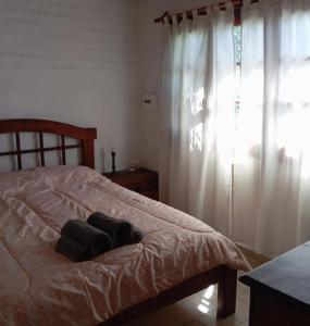 1 dormitorio con 1 cama y una ventana con cortinas en Departamento con jardín Centro Luján de Cuyo en Luján de Cuyo