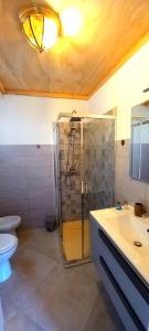 uma casa de banho com um chuveiro, um WC e um lavatório. em Sant'Elia B&B em Alessandria del Carretto