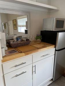 a kitchen with a counter top with a microwave at Large, Bright Suite Kitchenette in Ligonier