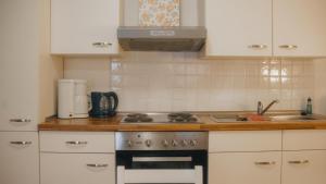 a kitchen with white cabinets and a stove top oven at Sylvias Ferienwohnung Nr.4 (Souterrain) in Görlitz