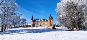 un castillo en la nieve con árboles en primer plano en Château de la Forie en Saint-Étienne-sur-Usson