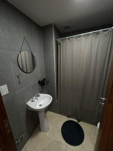 een badkamer met een wastafel en een douche met een douchegordijn bij Departamento centro salta in Salta