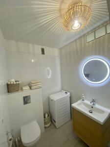 a bathroom with a sink and a toilet and a mirror at Golf Juans- Studio Front de Mer, Wifi Clim in Vallauris