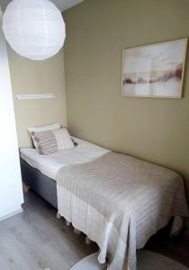 a small bedroom with a bed in a room at Villa Kaisla in Raahe +5 photos